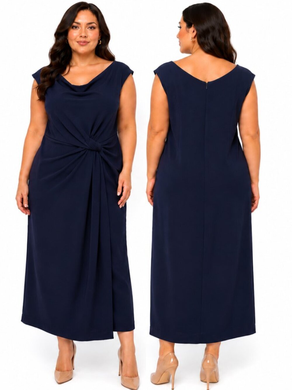 Lauren Ralph Lauren Salan Navy Blue Cowl Neck Twist Waist Midi Dress Size 14